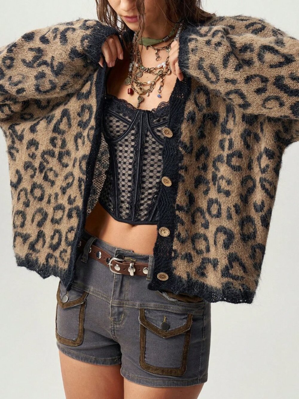 Multicolor Casual Women's Leopard Print Lace Patchwork Button Cardigan